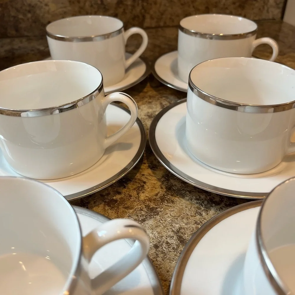 Pier 1 Monno Bangladesh Elegant White and Silver Tea Cups and Saucers Set of 6